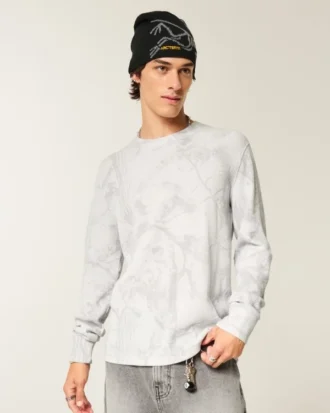 Avslappnad långärmad termisk T-shirt med rund hals och kamouflage
