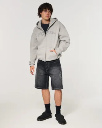 Baggy jeansshorts med dubbla tryck