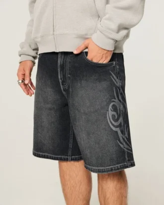 Baggy jeansshorts med dubbla tryck