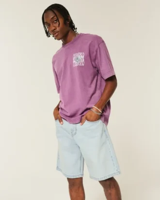 Baggy jeansshorts med kedjebroderi