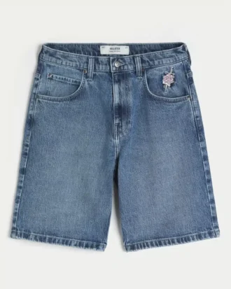 Baggy jeansshorts med rosgrafik