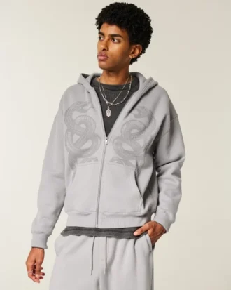 Boxig hoodie med dragkedja och dubbla ormgrafik