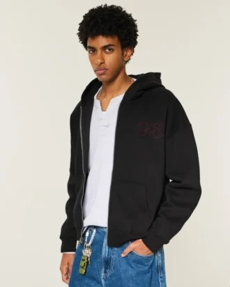 Boxig hoodie med dragkedja och Good Luck-tryck