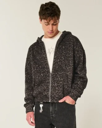Boxig hoodie med dragkedja och leopardmönster