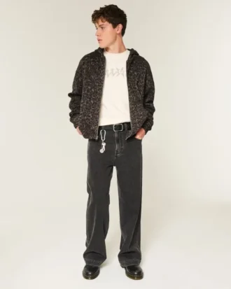 Boxig hoodie med dragkedja och leopardmönster