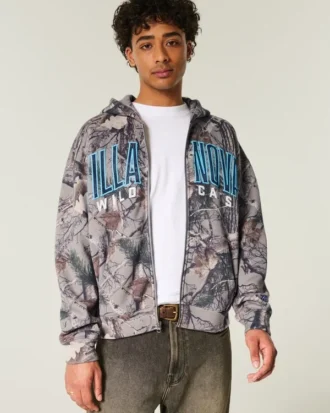 Boxig hoodie med dragkedja och Villanova Wildcats-tryck i kamouflage
