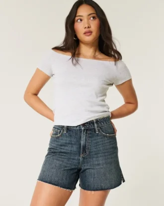Curvy högmidjade mörkblå avslappnade jeansshorts 5″