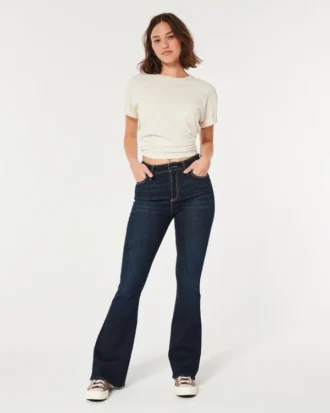 Curvy högmidjade mörkblå flare-jeans
