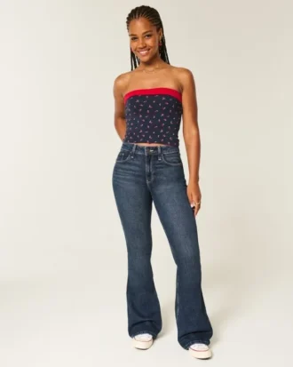 Curvy högmidjade mörkblå flare-jeans