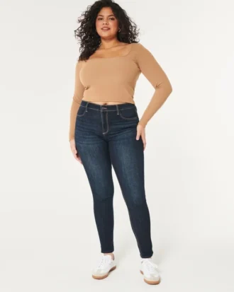 Curvy högmidjade mörkblå jeansleggings