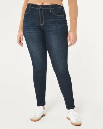 Curvy högmidjade mörkblå jeansleggings