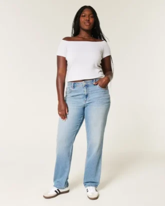 Curvy högmidjade raka jeans i medium tvätt