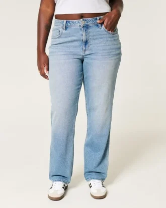 Curvy högmidjade raka jeans i medium tvätt