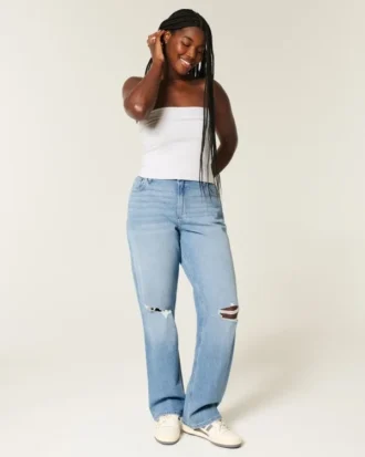 Curvy högmidjade slitna dad jeans i medium tvätt