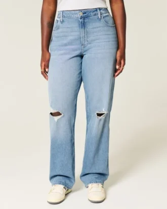 Curvy högmidjade slitna dad jeans i medium tvätt
