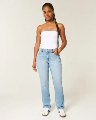 Curvy högmidjade, slitna, ljusblå raka jeans
