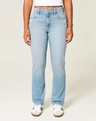 Curvy högmidjade, slitna, ljusblå raka jeans
