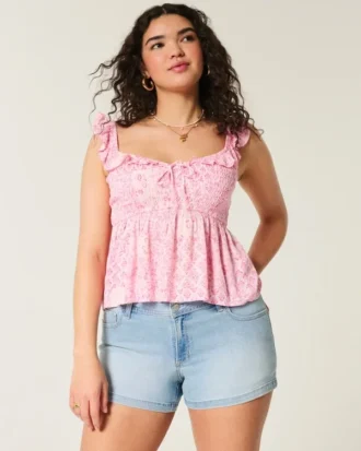 Curvy låg midja ljus tvätt blommig broderad denim shortie shorts