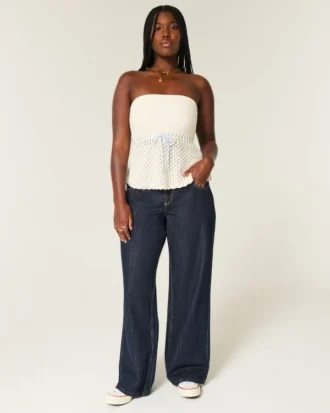 Curvy lågmidjade mörkblå baggy jeans med vikbar midja