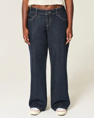 Curvy lågmidjade mörkblå baggy jeans med vikbar midja