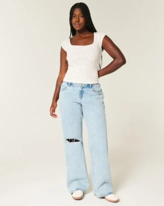 Curvy lågmidjade, slitna, ljusblå baggy jeans