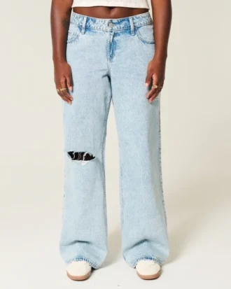 Curvy lågmidjade, slitna, ljusblå baggy jeans