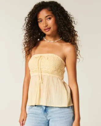 Enkel axelbandslös babydoll-top i virkat mixmaterial