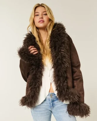Faux fur-fodrad faux shearling-jacka