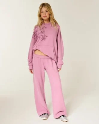 Glittrande rosgrafik Sweatpants med vida ben Glittrande rosgrafik Sweatpants med vida ben