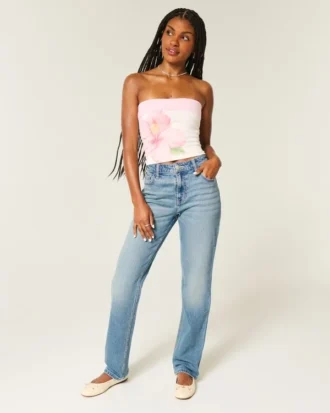 Högmidjade jeans med medium tvätt och rak passform