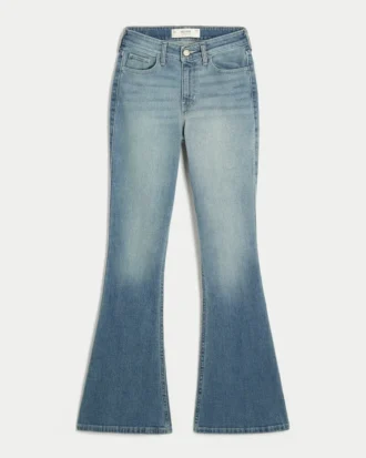 Högmidjade jeans med medium tvätt och utsvängda ben