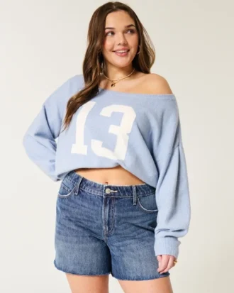 Högmidjade, medelmörk tvättade, avslappnade jeansshorts 5″