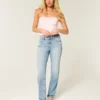 Högmidjade, slitna, ljusblå raka jeans Högmidjade, slitna, ljusblå raka jeans