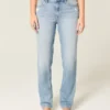 Högmidjade, slitna, ljusblå raka jeans Högmidjade, slitna, ljusblå raka jeans