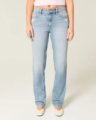 Högmidjade, slitna, ljusblå raka jeans