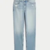 Högmidjade, slitna, ljusblå raka jeans Högmidjade, slitna, ljusblå raka jeans