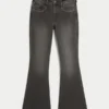Högmidjade tvättade svarta broderade flare-jeans
