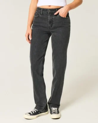 Högmidjade tvättade svarta raka jeans