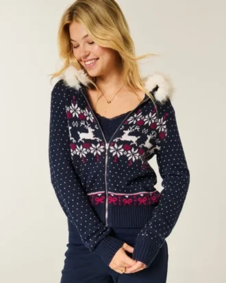 Huvtröja med fuskpälskant och Fair Isle-mönster