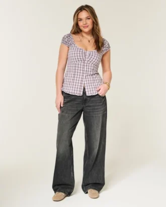 Justerbar midja Låg midja Tvättade svarta baggy jeans