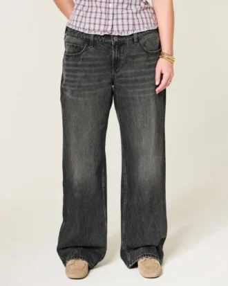 Justerbar midja Låg midja Tvättade svarta baggy jeans