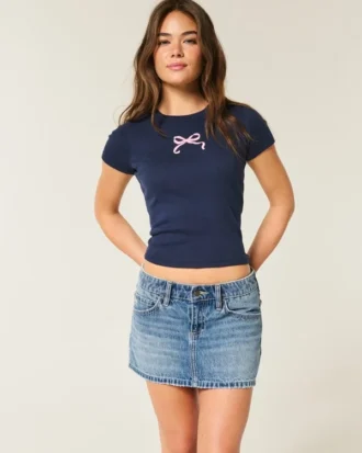 Låg midja Broderad rosett Denim Mini Skort