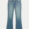 Låg midja, medium tvätt, bootcut-jeans med nitar Låg midja, medium tvätt, bootcut-jeans med nitar