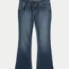 Låg midja, mörk tvätt, bälte, bootcut-jeans Låg midja, mörk tvätt, bälte, bootcut-jeans