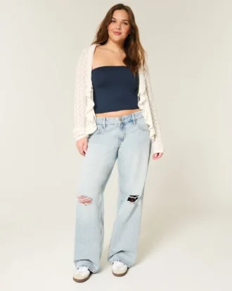 Låg midja, slitna, ljusblå baggy jeans