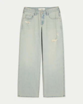Lågmidjade baggy jeans i ljus tvätt med slitna detaljer