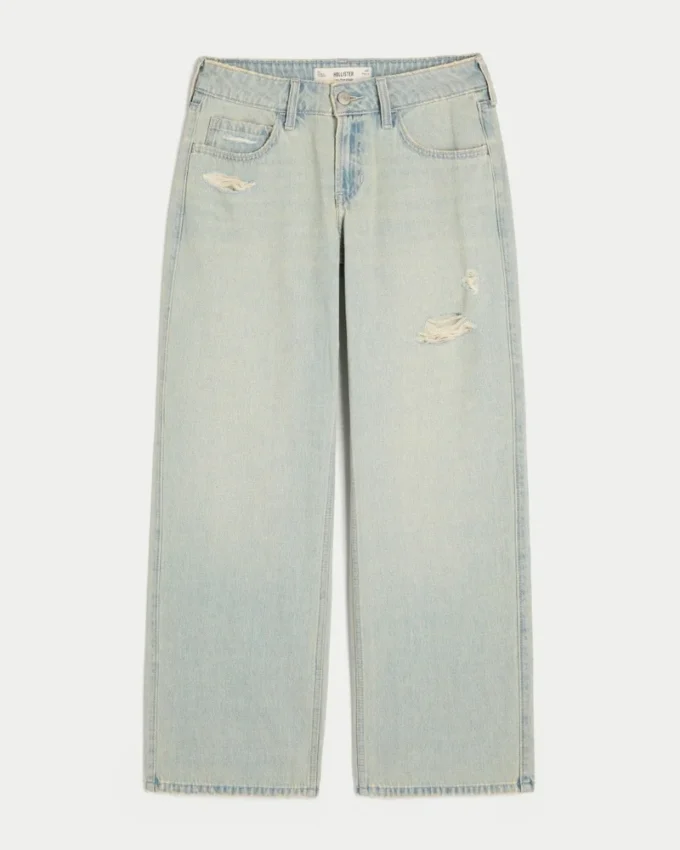 Lågmidjade baggy jeans i ljus tvätt med slitna detaljer Lågmidjade baggy jeans i ljus tvätt med slitna detaljer