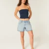 Lågmidjade, ljusblå, vikbara, baggy jeansshorts 5″