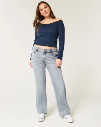 Lågmidjade, medellavtvättade, avslappnade raka jeans