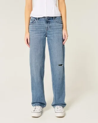 Lågmidjade, slitna jeans i medium tvätt